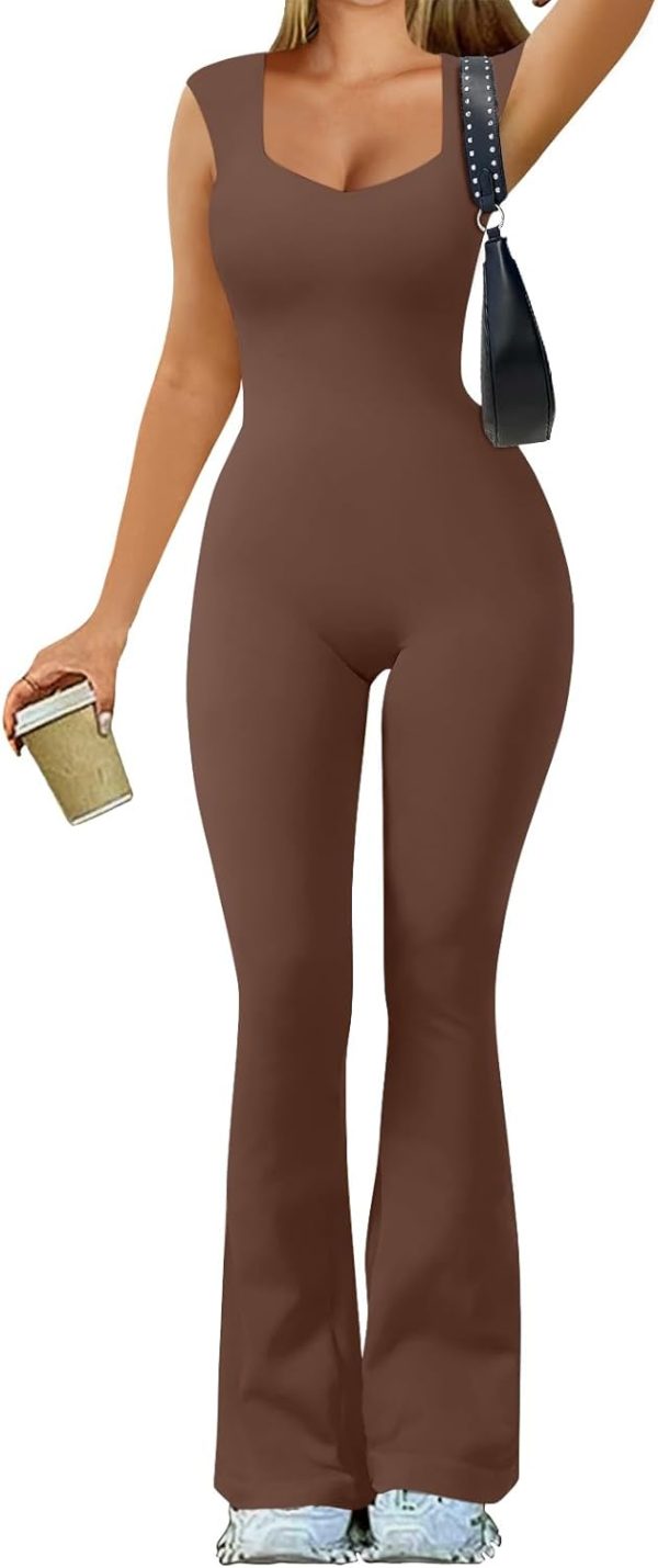 Women Yoga Jumpsuits Double Lined Sweetheart Neck Sleeveless Bell Bottoms Flare Jumpsuits Trendy Clothes