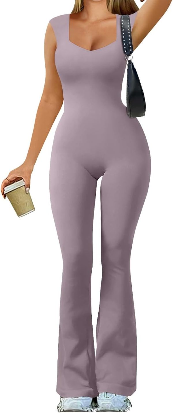 Women Yoga Jumpsuits Double Lined Sweetheart Neck Sleeveless Bell Bottoms Flare Jumpsuits Trendy Clothes