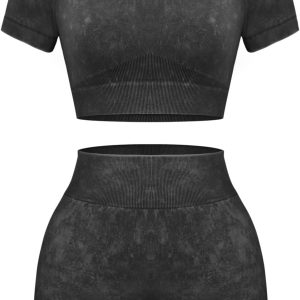 Women's Workout Sets 2 Piece - Seamless Acid Wash Yoga Outfits Shorts and Crop Top Matching Gym Athletic Clothing Set