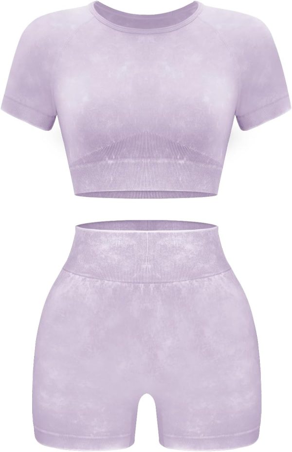 Women's Workout Sets 2 Piece - Seamless Acid Wash Yoga Outfits Shorts and Crop Top Matching Gym Athletic Clothing Set