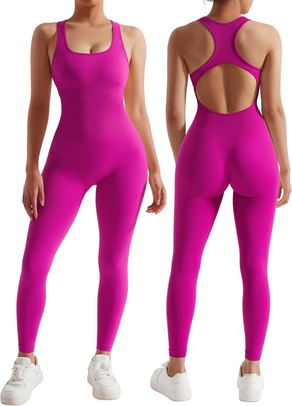Women Backless One Piece Jumpsuits Sleeveless Scoop Neck Bodycon Romper Seamless Workout Yoga Jumpsuits